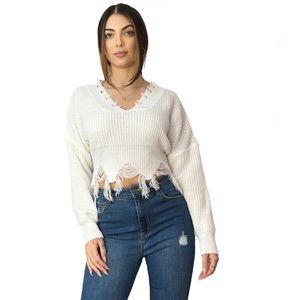Akira mixed cable knit distressed sweater